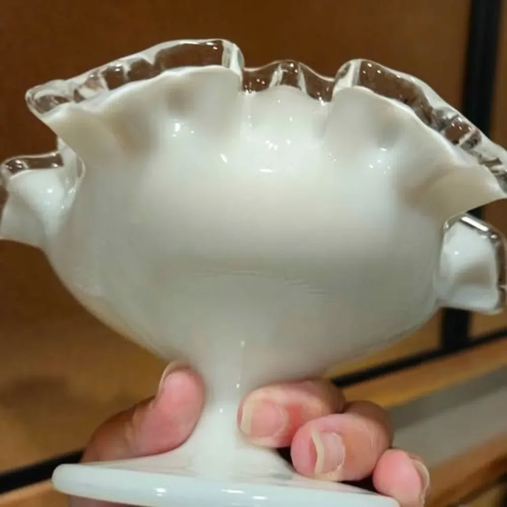 Vintage white opalescent ruffled pedestal glass bowl